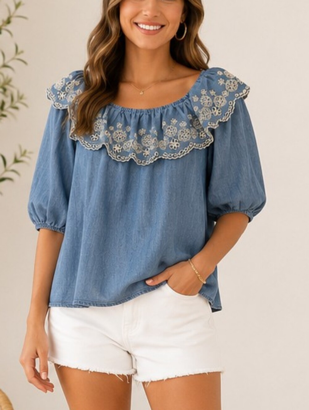 Time and Tru Embroidered Off-Shoulder Chambray Peasant Top – Size Small NWT - Picture 2 of 11